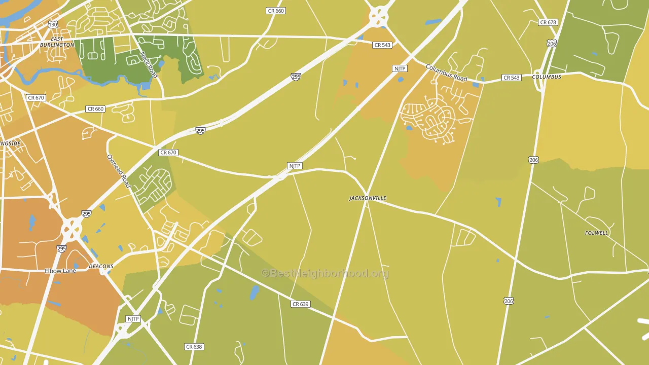 Map of the best neighborhoods in the Jacksonville area, with better matches in green and worse matches in red