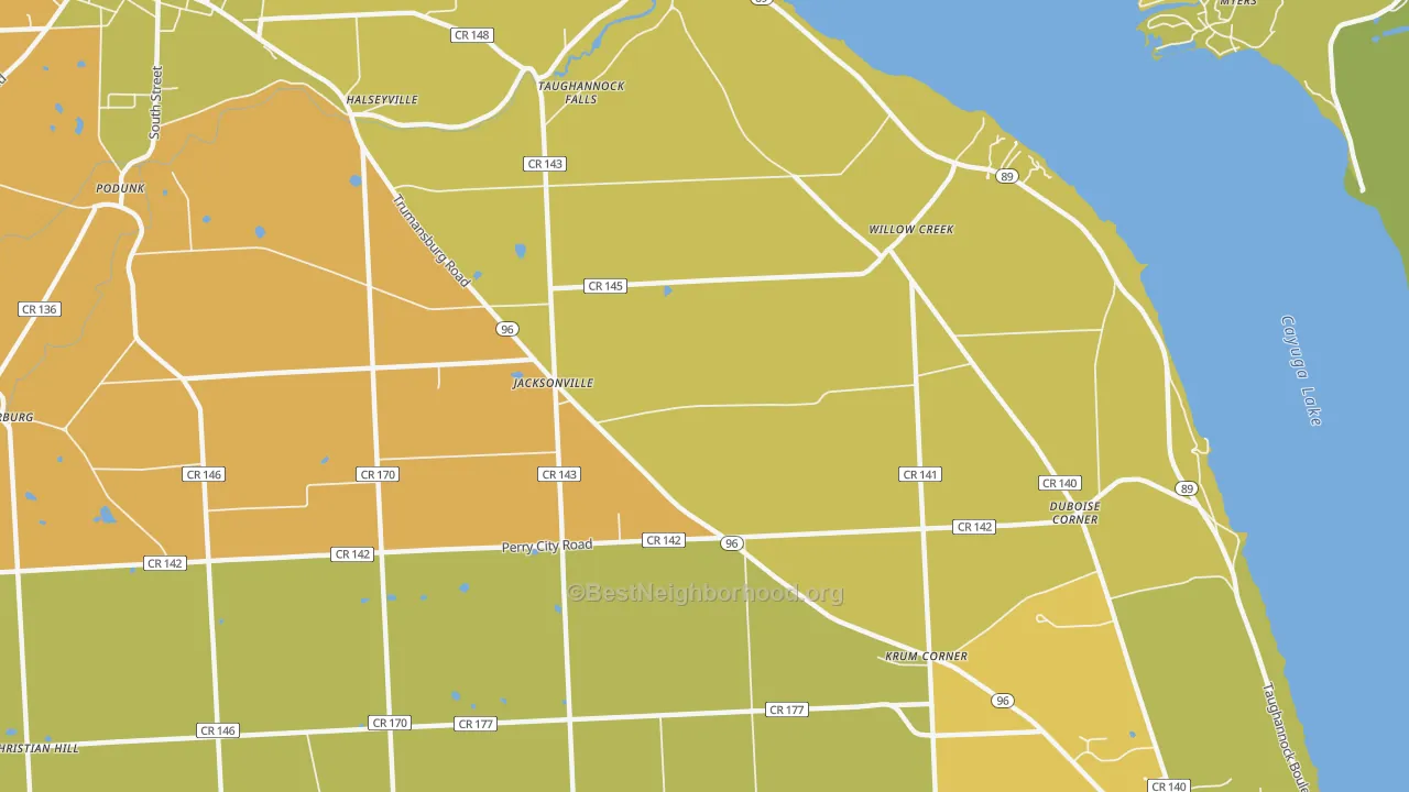 Map of the best neighborhoods in the Jacksonville area, with better matches in green and worse matches in red