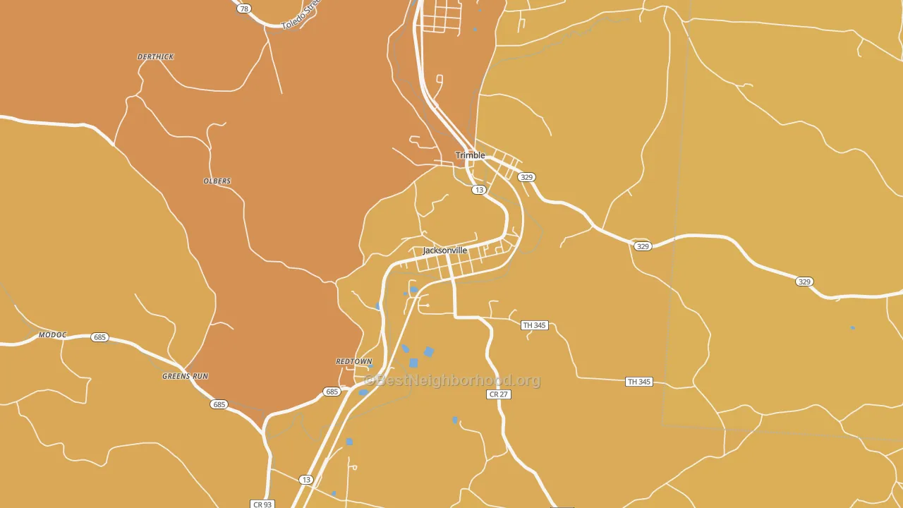 Map of the best neighborhoods in the Jacksonville area, with better matches in green and worse matches in red