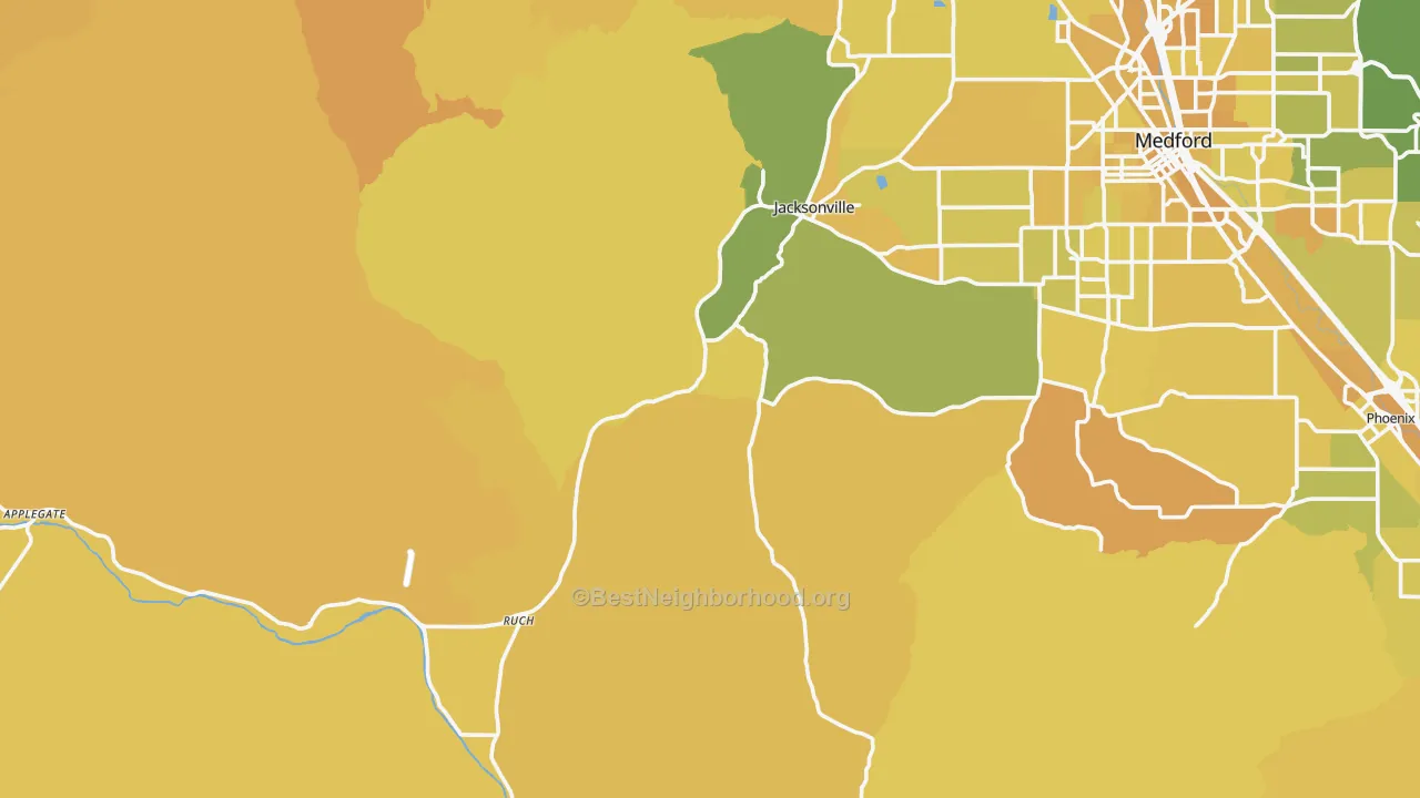 Map of the best neighborhoods in the Jacksonville area, with better matches in green and worse matches in red