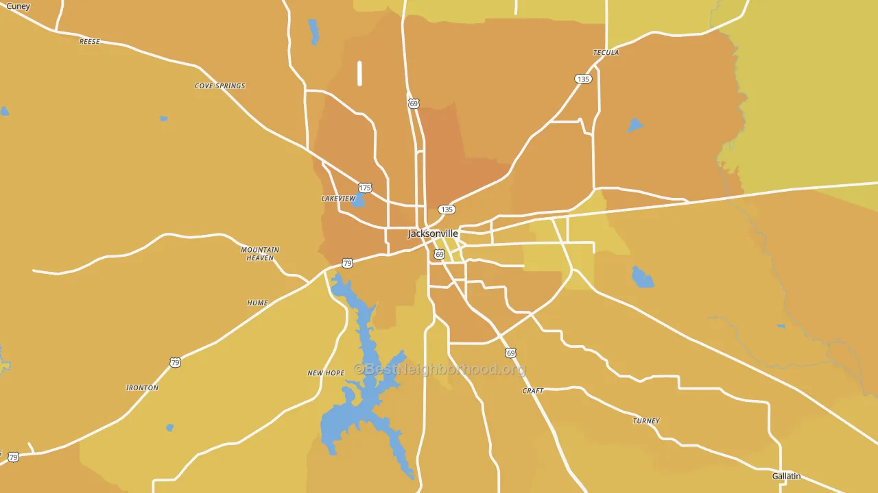 Map of the best neighborhoods in the Jacksonville area, with better matches in green and worse matches in red