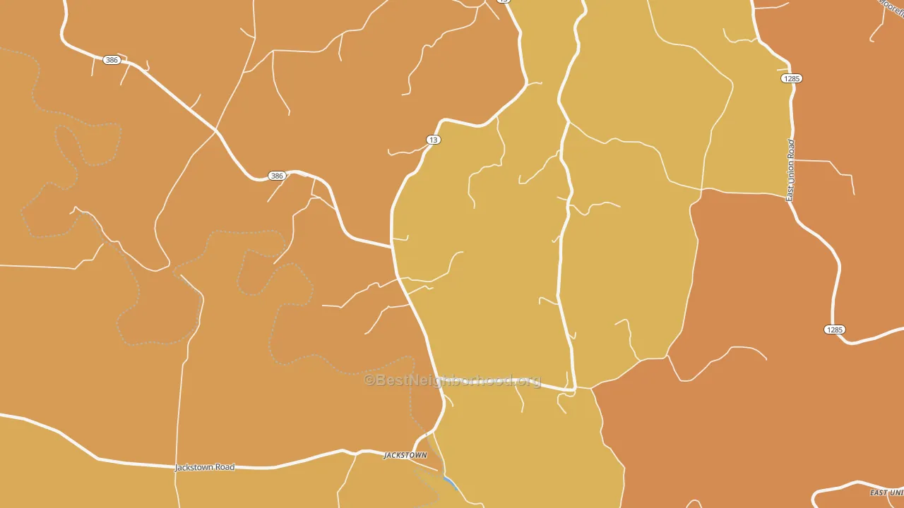 Map of the best neighborhoods in the Jackstown area, with better matches in green and worse matches in red