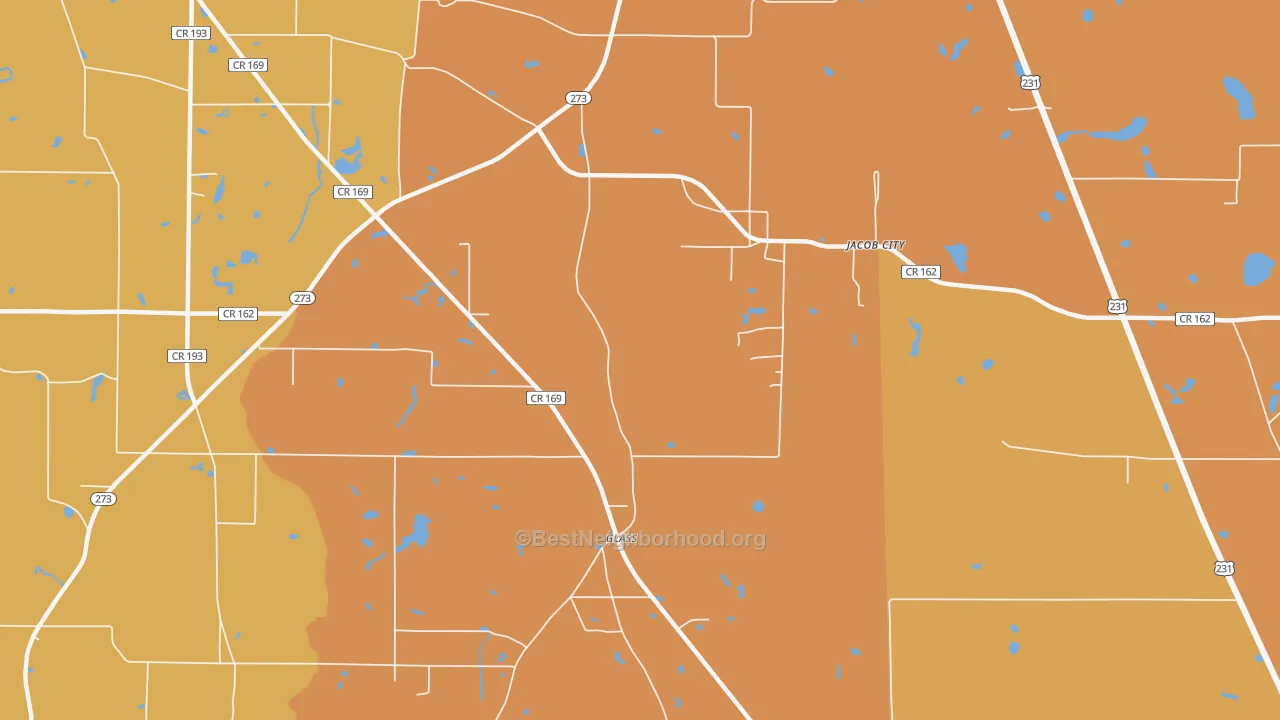 Map of the best neighborhoods in the Jacob City area, with better matches in green and worse matches in red