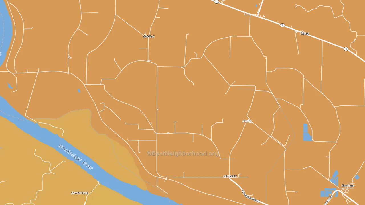 Map of the best neighborhoods in the Jacob area, with better matches in green and worse matches in red