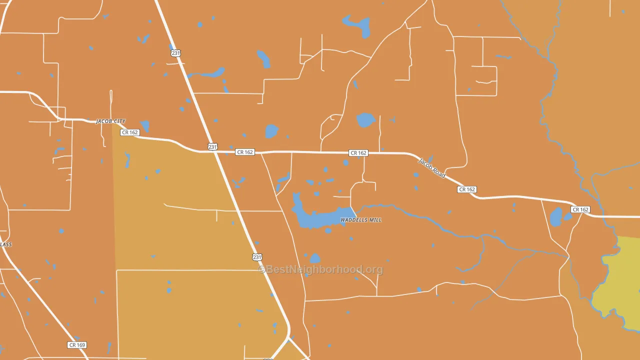 Map of the best neighborhoods in the Jacobs area, with better matches in green and worse matches in red
