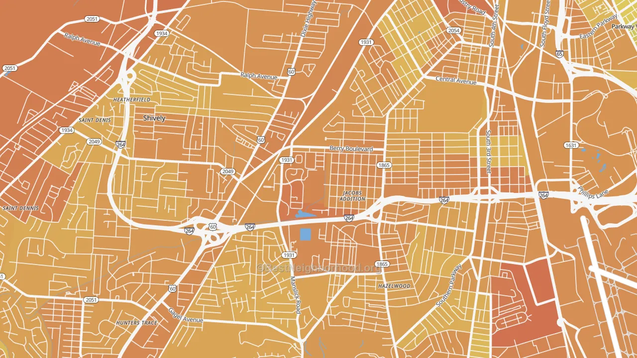 Map of the best neighborhoods in the Jacobs, Louisville area, with better matches in green and worse matches in red