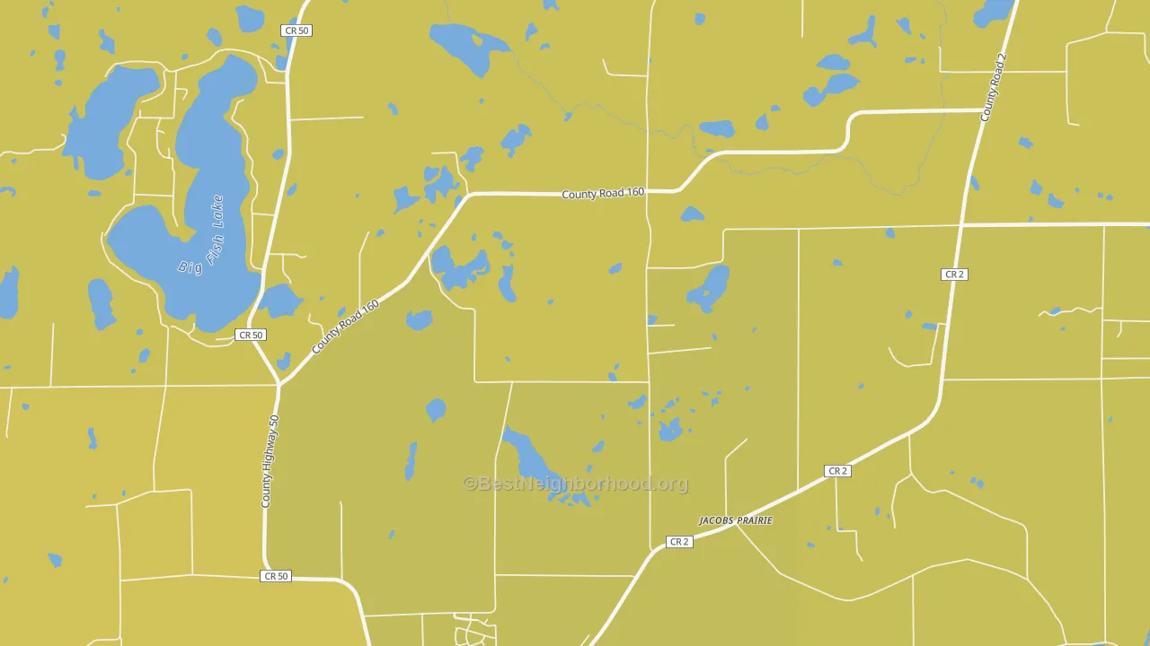 Map of the best neighborhoods in the Jacobs Prairie area, with better matches in green and worse matches in red