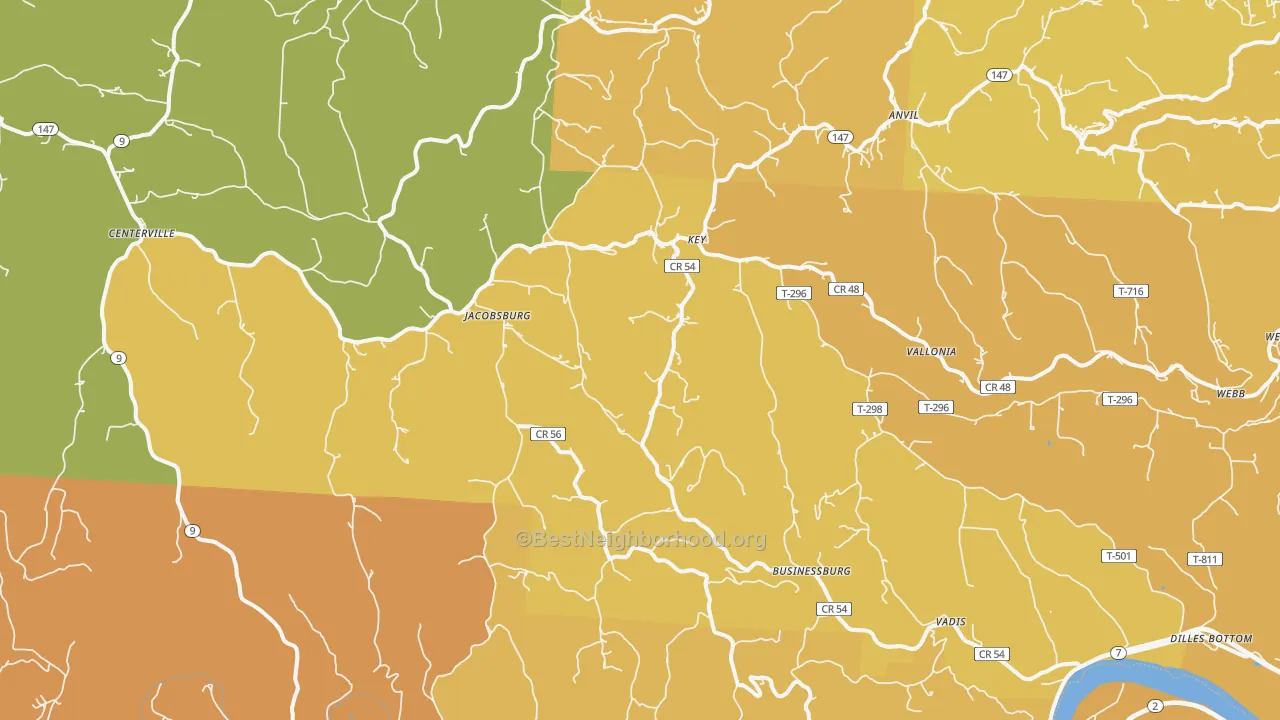 Map of the best neighborhoods in the Jacobsburg area, with better matches in green and worse matches in red