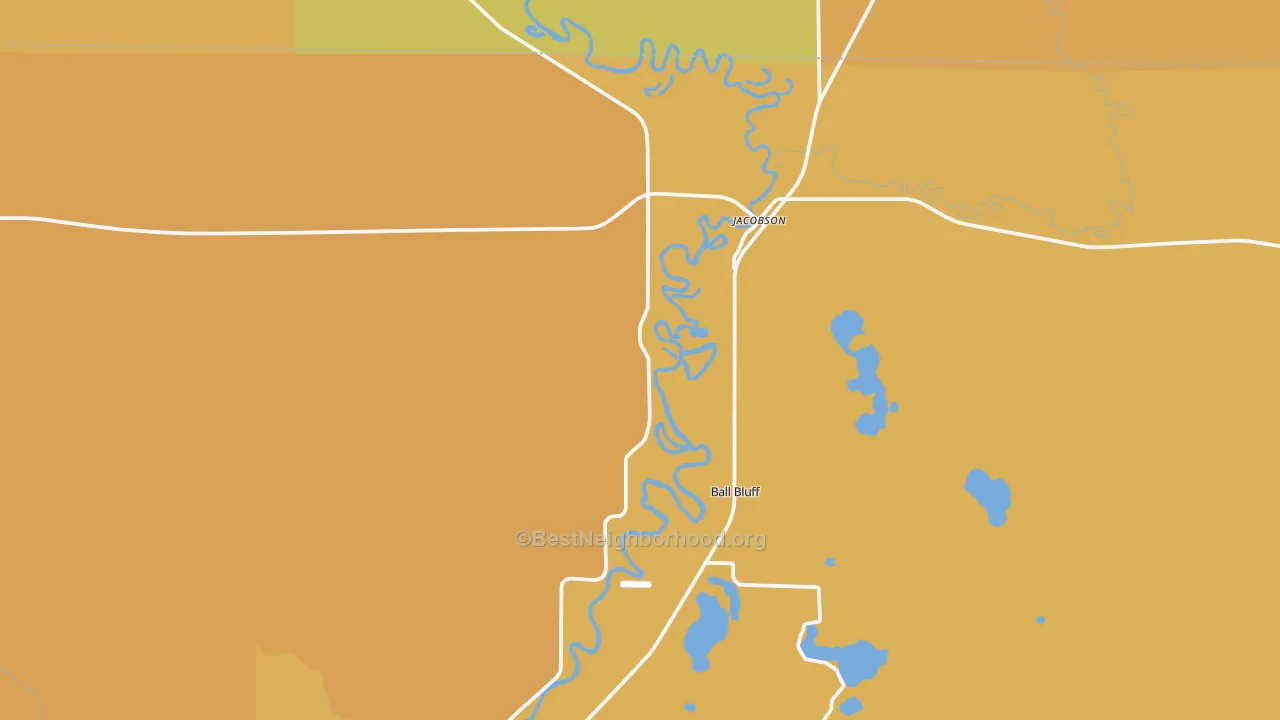 Map of the best neighborhoods in the Jacobson area, with better matches in green and worse matches in red