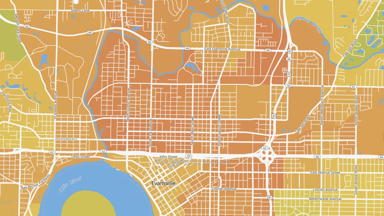 Map of the best neighborhoods in the Jacobsville, Evansville area, with better matches in green and worse matches in red