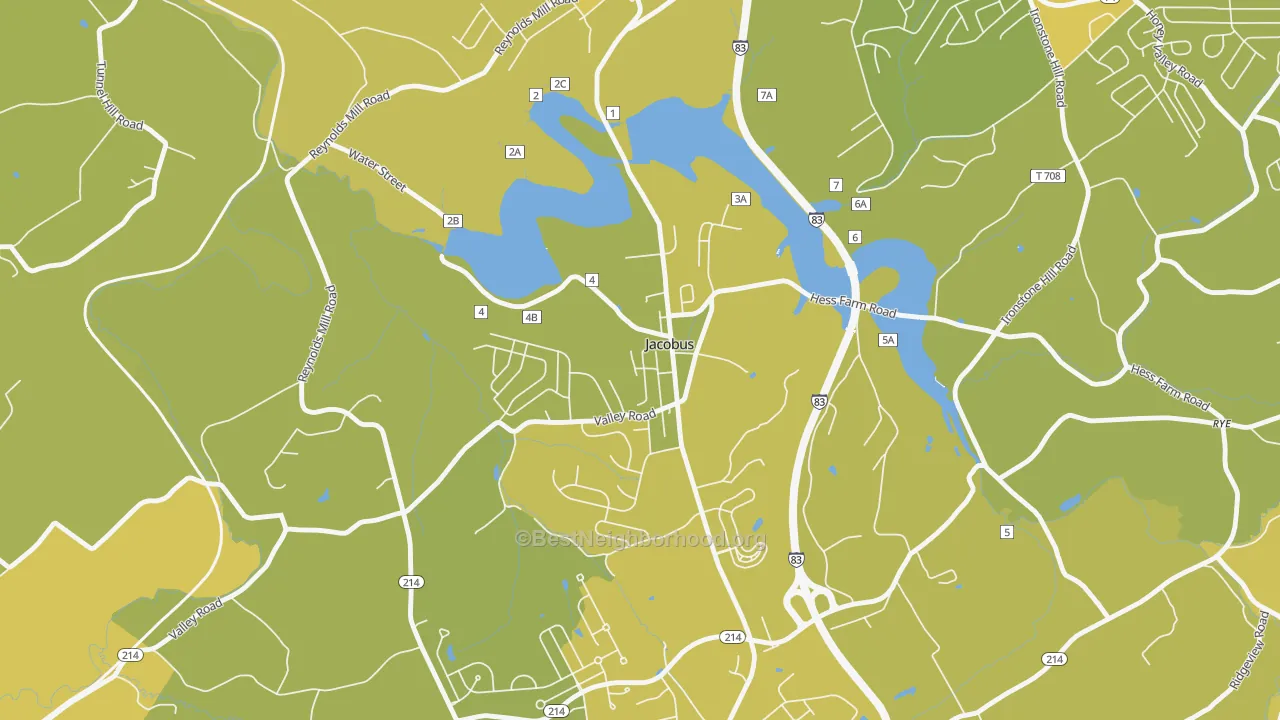 Map of the best neighborhoods in the Jacobus area, with better matches in green and worse matches in red