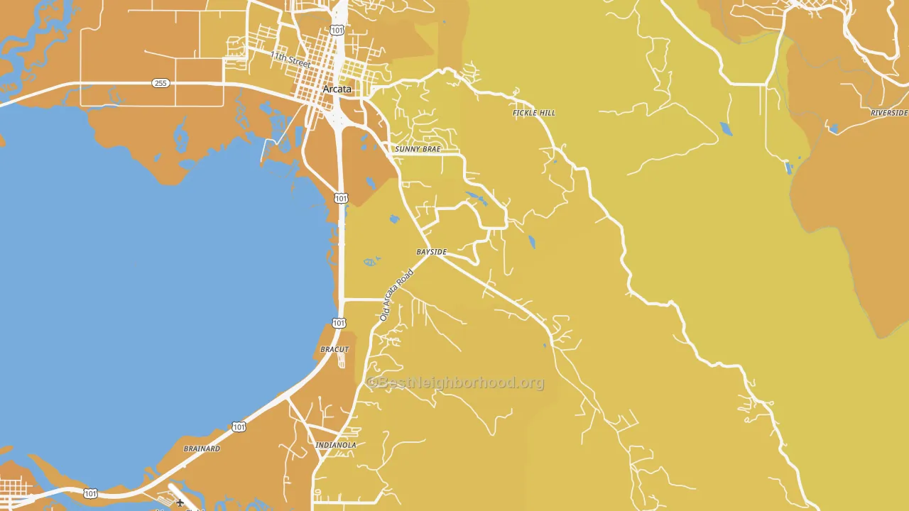 Map of the best neighborhoods in the Jacoby Creek, Arcata area, with better matches in green and worse matches in red