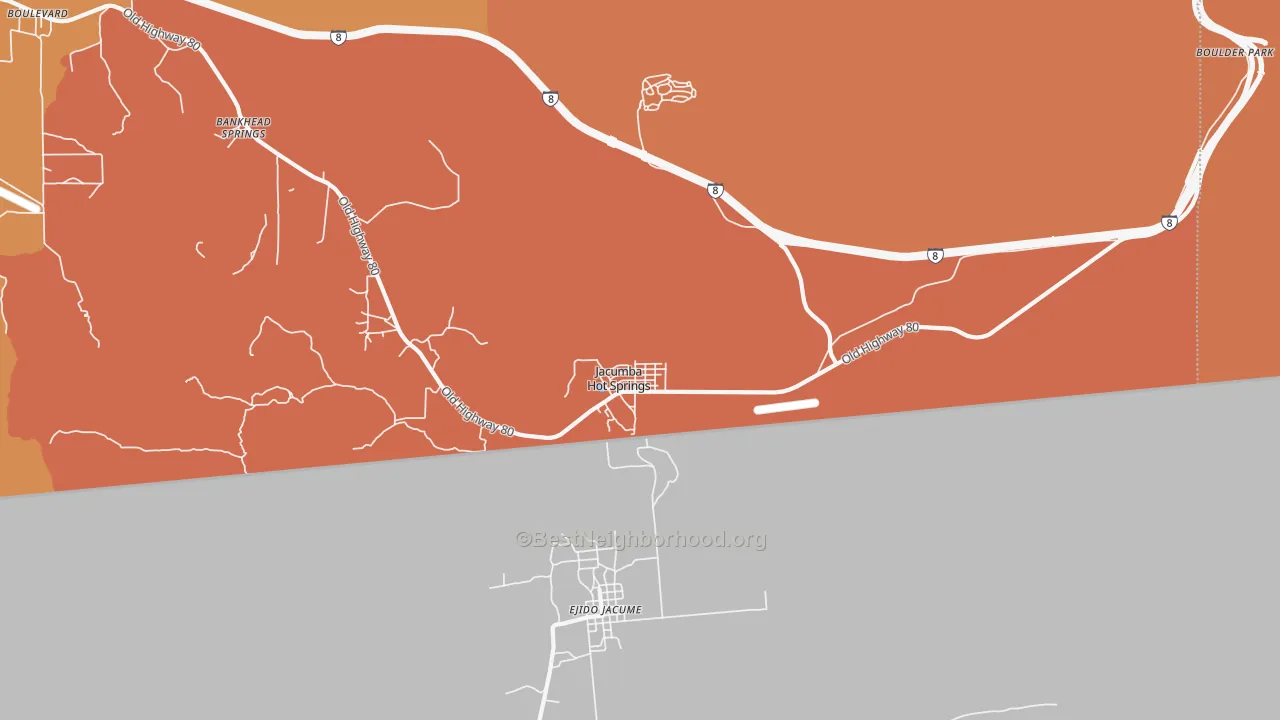 Map of the best neighborhoods in the Jacumba area, with better matches in green and worse matches in red