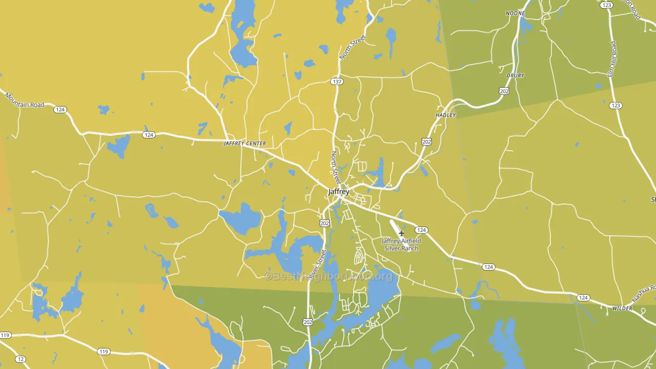 Map of the best neighborhoods in the Jaffrey area, with better matches in green and worse matches in red