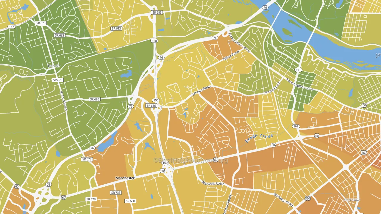 Map of the best neighborhoods in the Jahnke, Richmond area, with better matches in green and worse matches in red