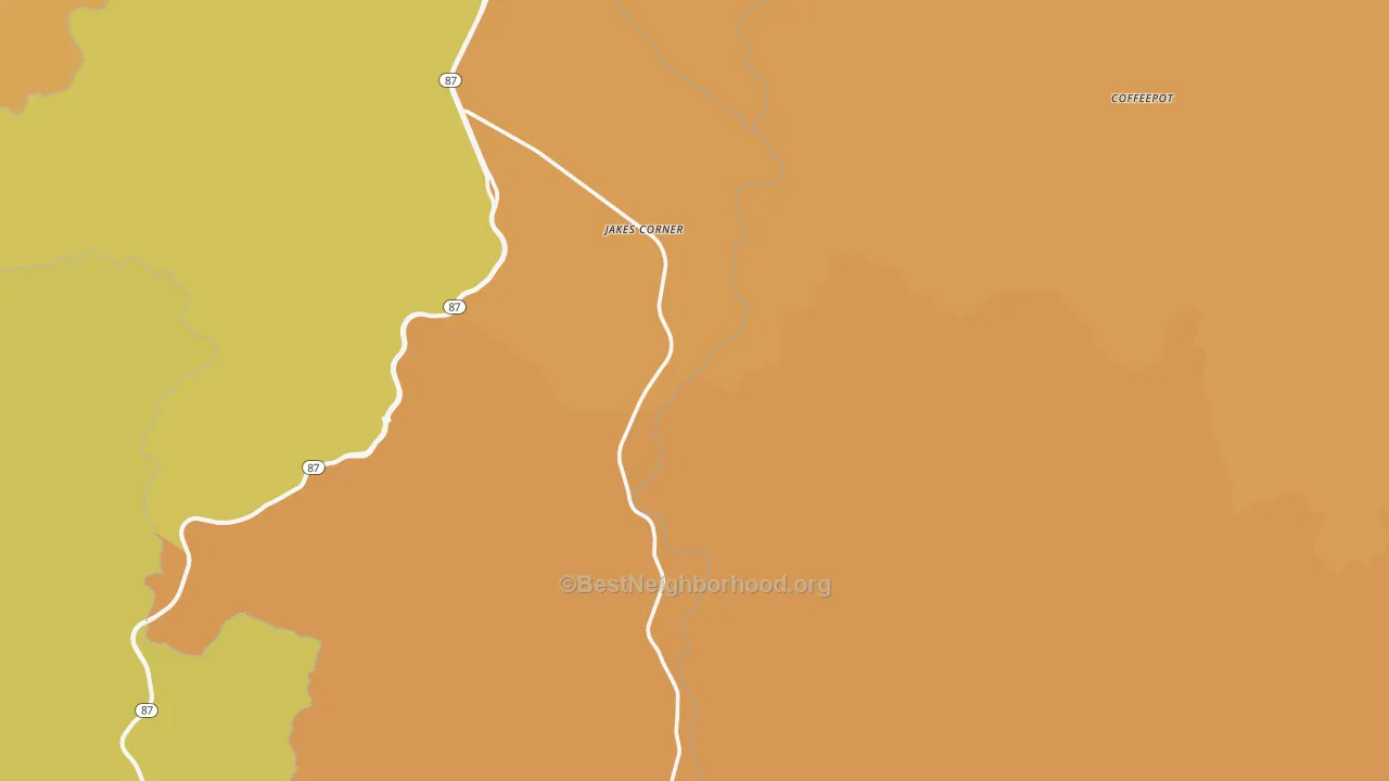 Map of the best neighborhoods in the Jakes Corner area, with better matches in green and worse matches in red