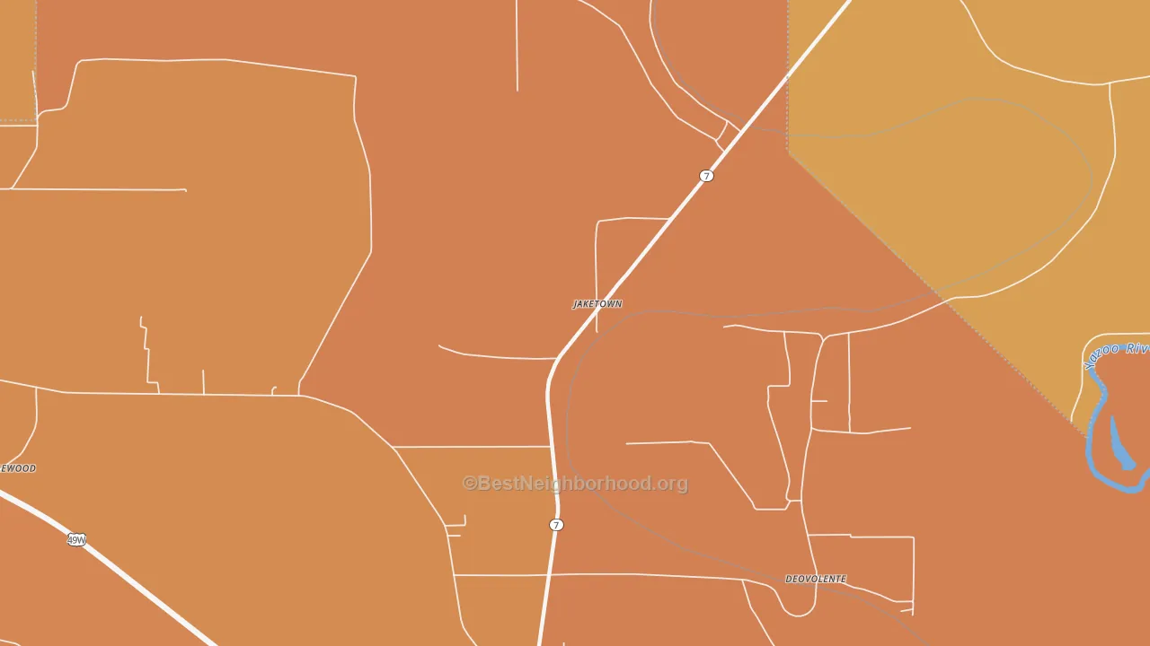 Map of the best neighborhoods in the Jaketown area, with better matches in green and worse matches in red