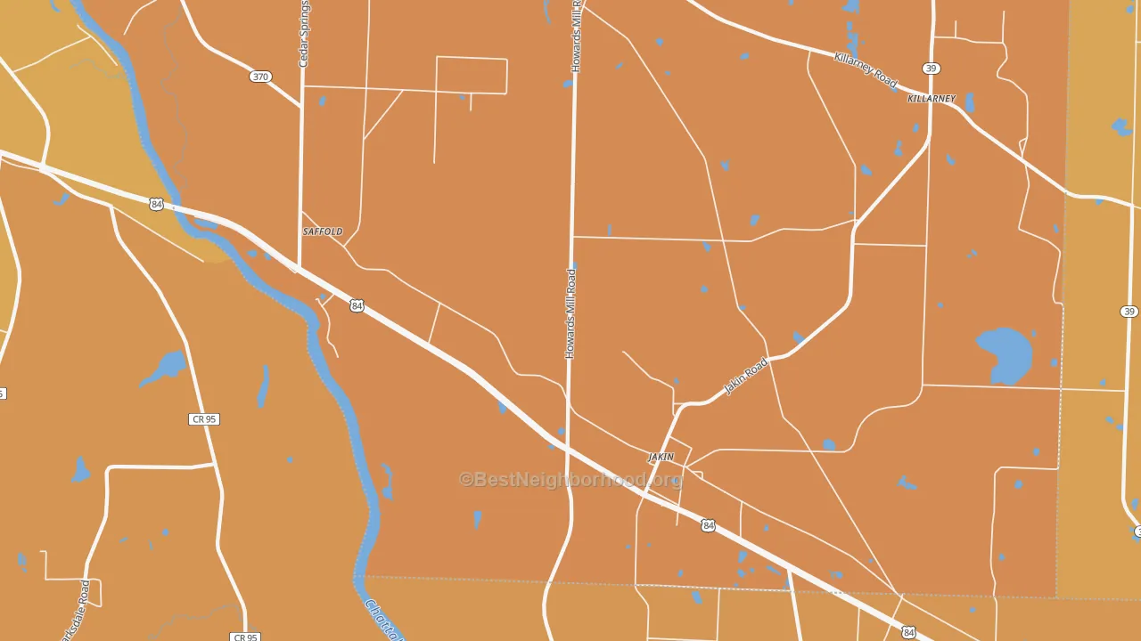 Map of the best neighborhoods in the Jakin area, with better matches in green and worse matches in red