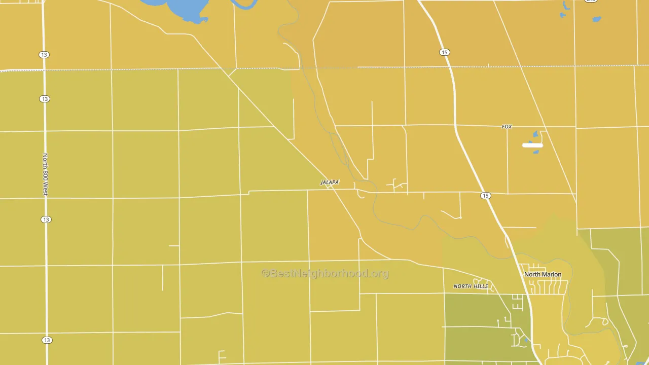 Map of the best neighborhoods in the Jalapa area, with better matches in green and worse matches in red