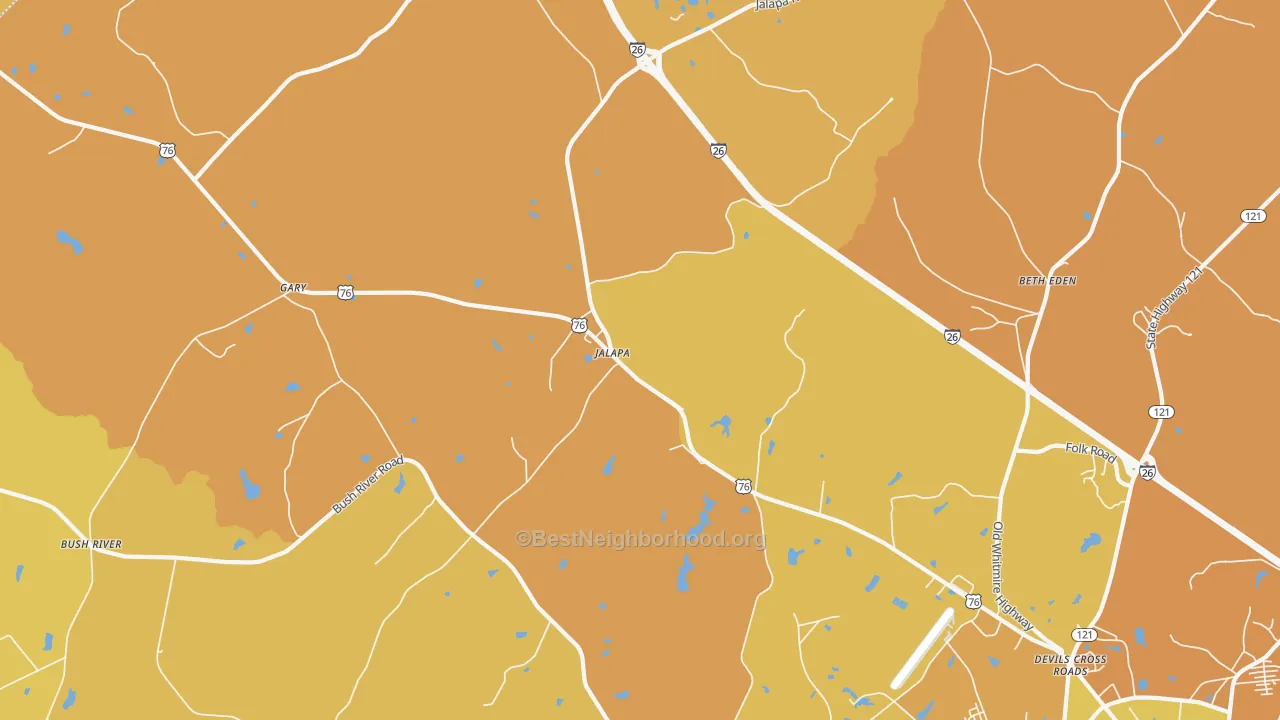 Map of the best neighborhoods in the Jalapa area, with better matches in green and worse matches in red