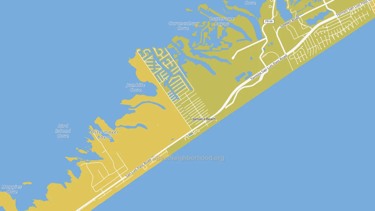 Map of the best neighborhoods in the Jamaica Beach area, with better matches in green and worse matches in red