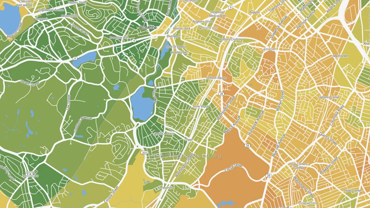 Map of the best neighborhoods in the Jamaica Plain area, with better matches in green and worse matches in red