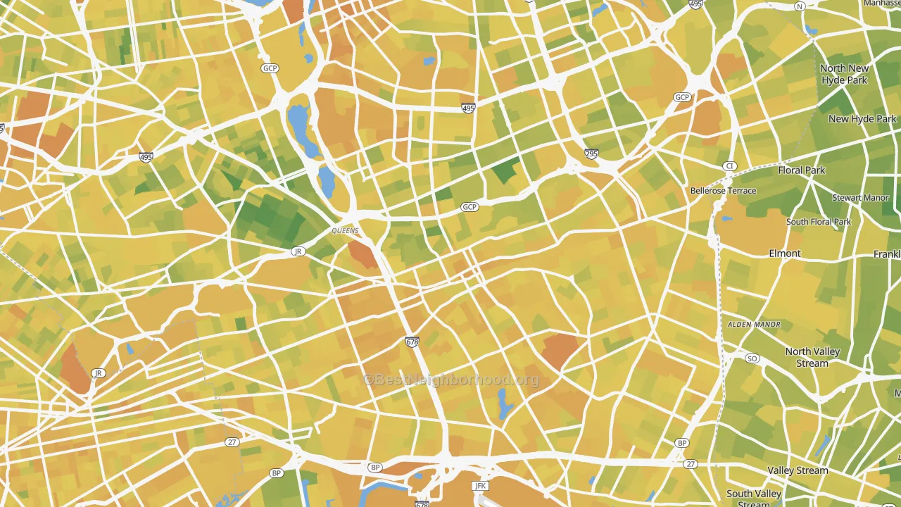 Map of the best neighborhoods in the Jamaica, Queens area, with better matches in green and worse matches in red