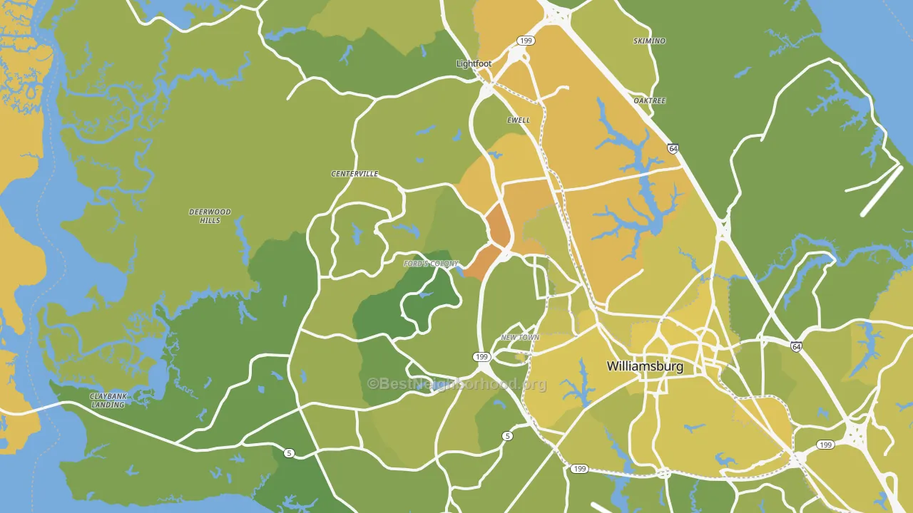 Map of the best neighborhoods in the James City County area, with better matches in green and worse matches in red