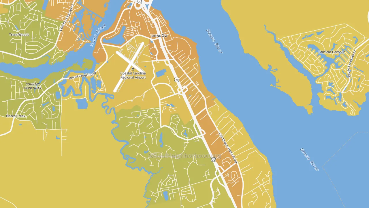 Map of the best neighborhoods in the James City area, with better matches in green and worse matches in red