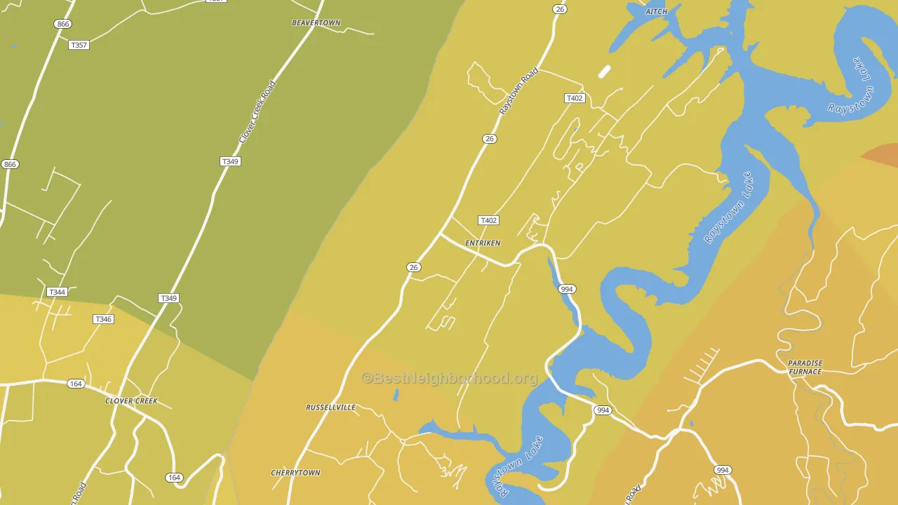Map of the best neighborhoods in the James Creek area, with better matches in green and worse matches in red