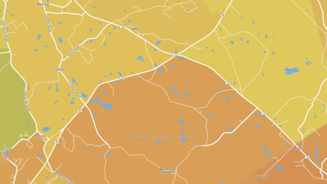 Map of the best neighborhoods in the James area, with better matches in green and worse matches in red