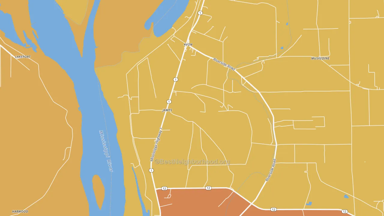Map of the best neighborhoods in the James area, with better matches in green and worse matches in red