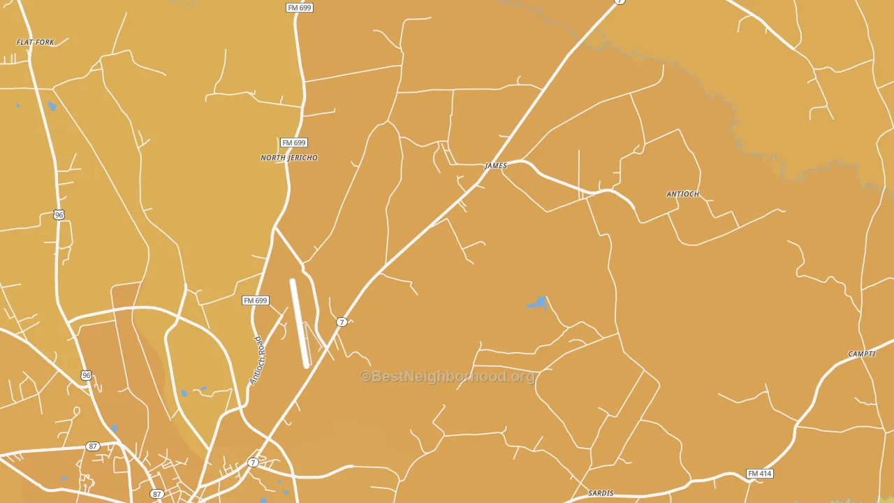 Map of the best neighborhoods in the James area, with better matches in green and worse matches in red