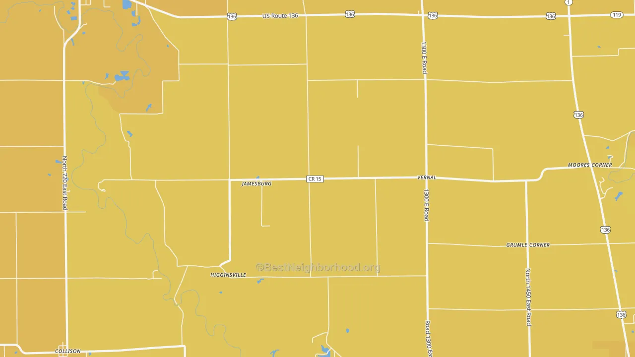 Map of the best neighborhoods in the Jamesburg area, with better matches in green and worse matches in red