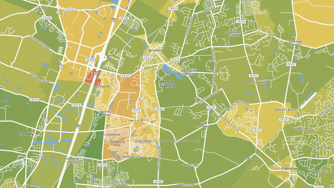 Map of the best neighborhoods in the Jamesburg area, with better matches in green and worse matches in red