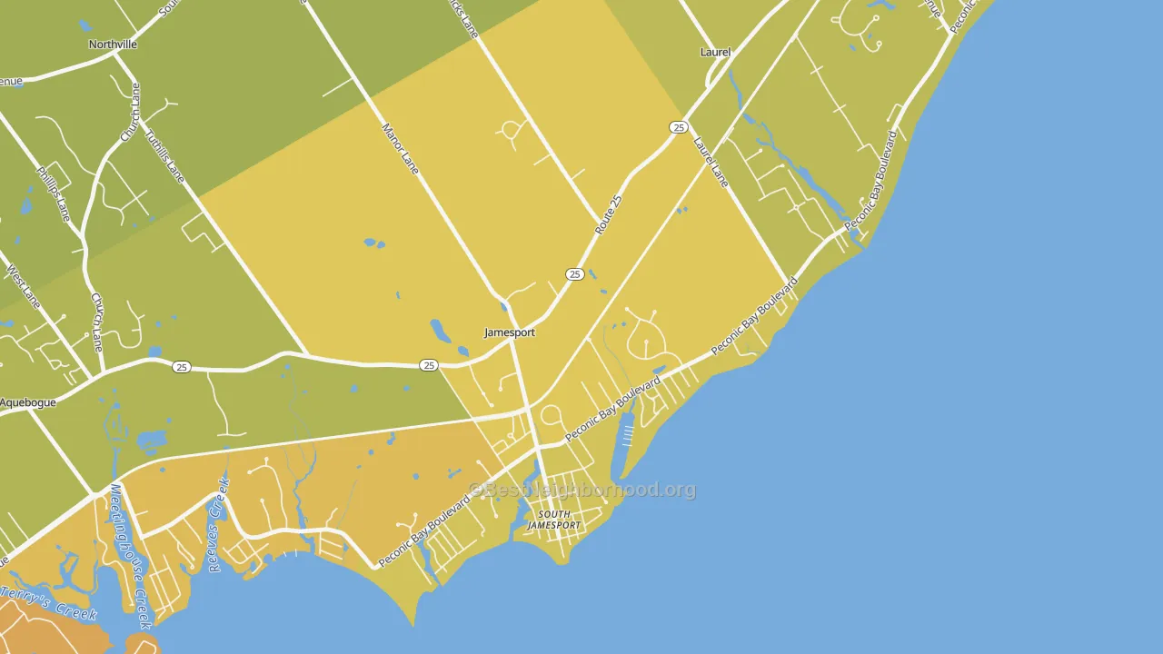 Map of the best neighborhoods in the Jamesport area, with better matches in green and worse matches in red