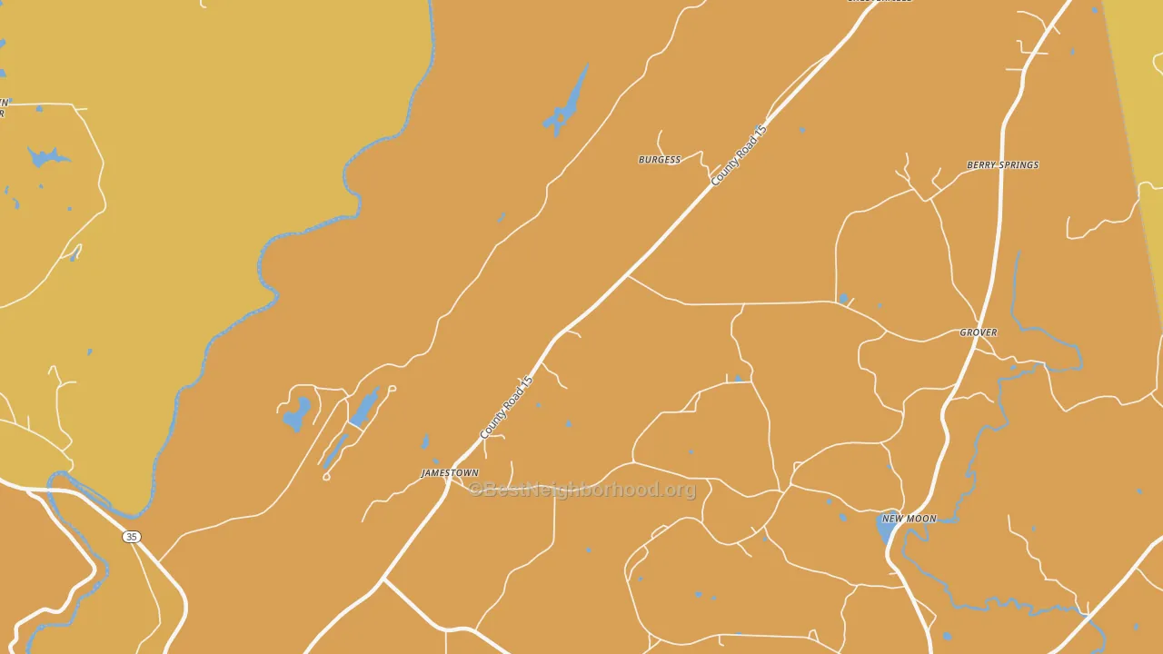 Map of the best neighborhoods in the Jamestown area, with better matches in green and worse matches in red
