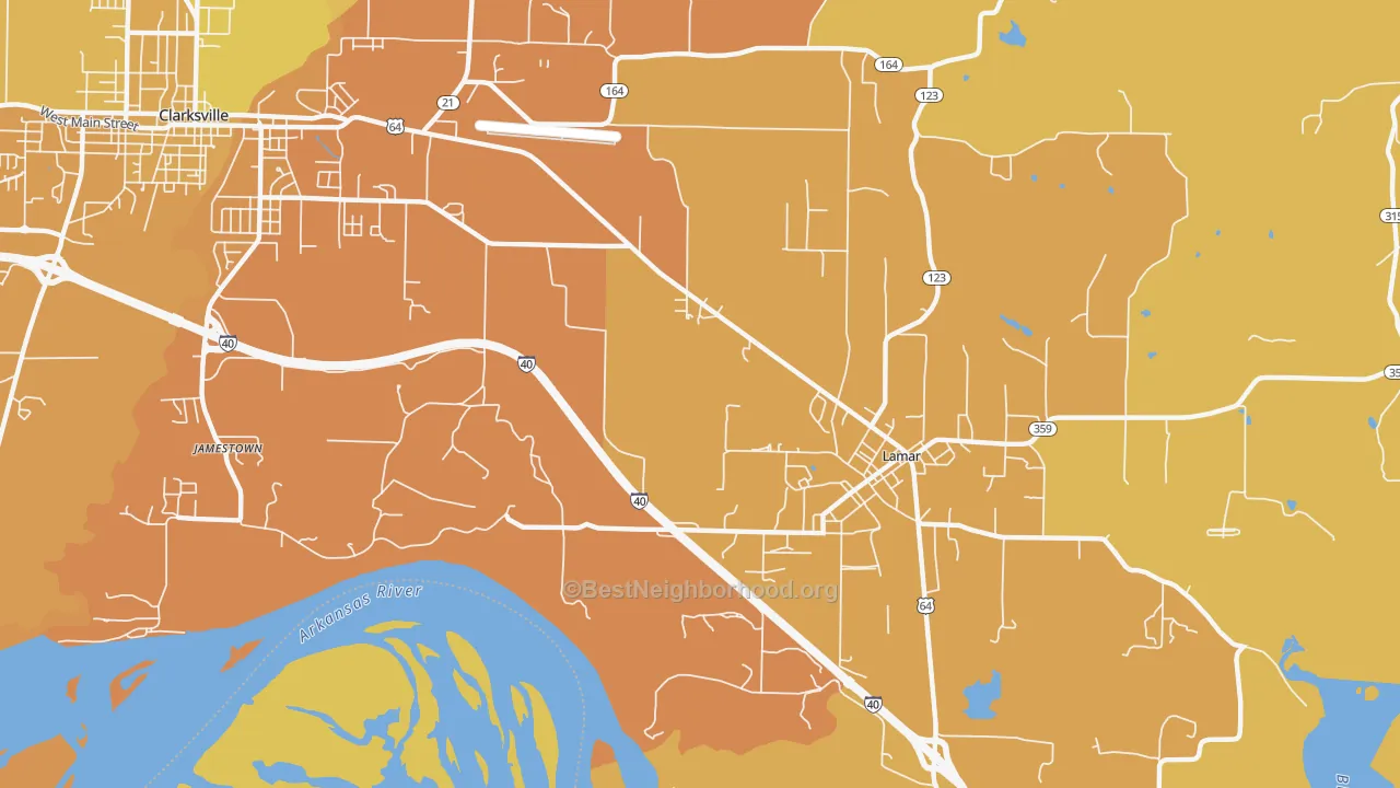 Map of the best neighborhoods in the Jamestown area, with better matches in green and worse matches in red