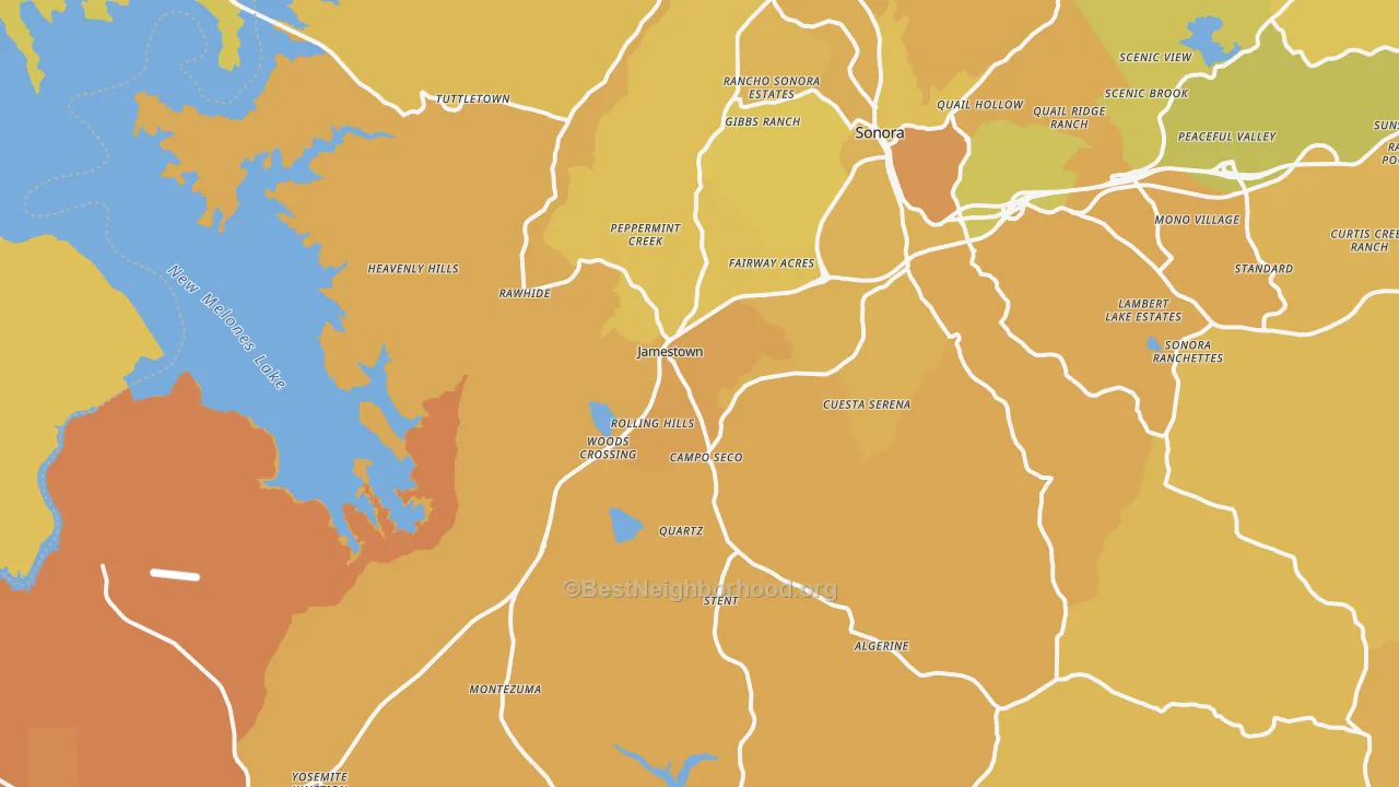 Map of the best neighborhoods in the Jamestown area, with better matches in green and worse matches in red