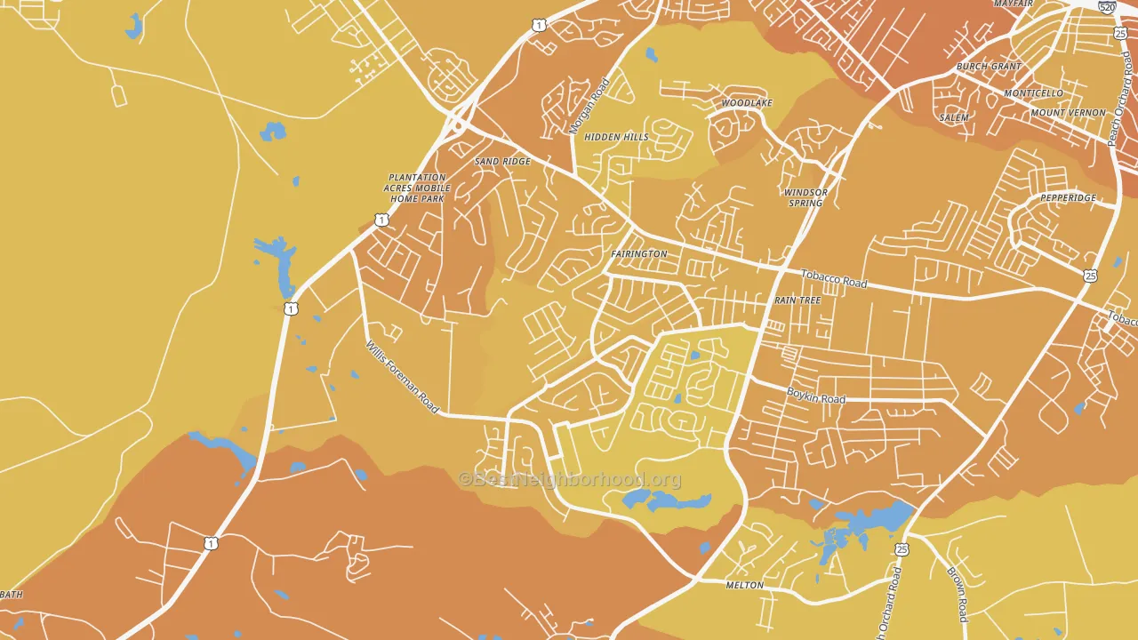 Map of the best neighborhoods in the Jamestown, Hephzibah area, with better matches in green and worse matches in red
