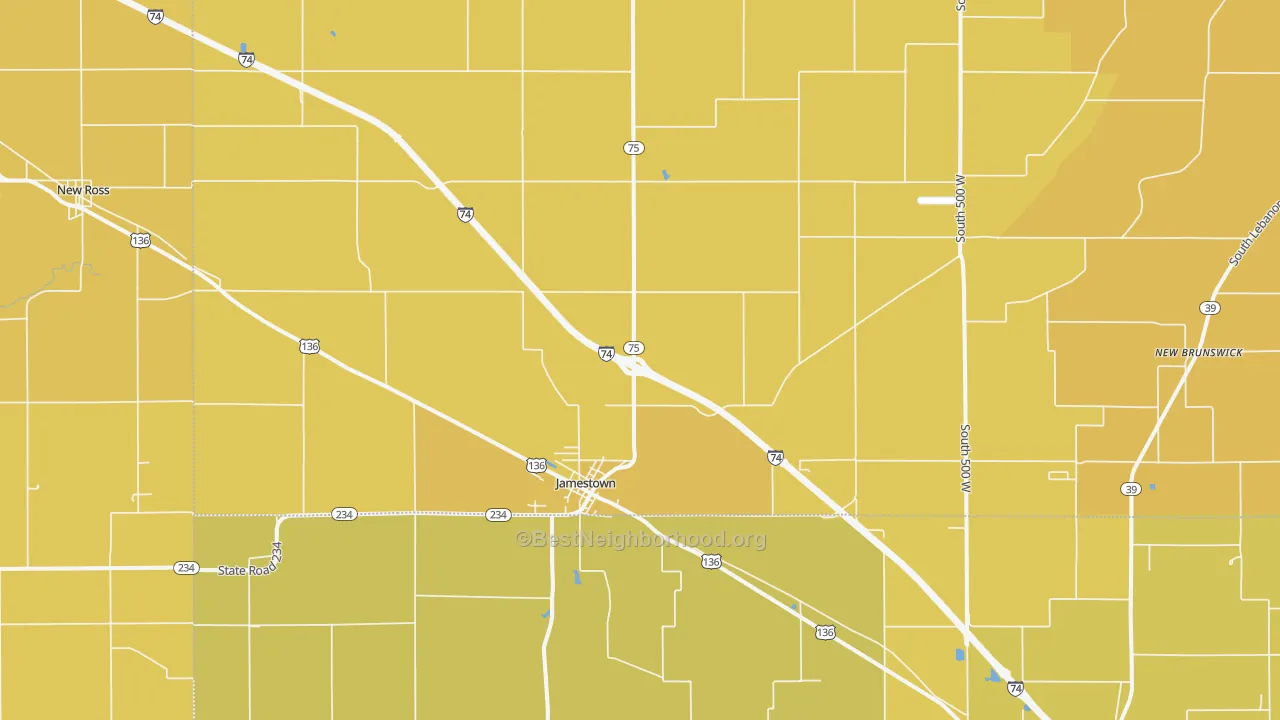 Map of the best neighborhoods in the Jamestown area, with better matches in green and worse matches in red