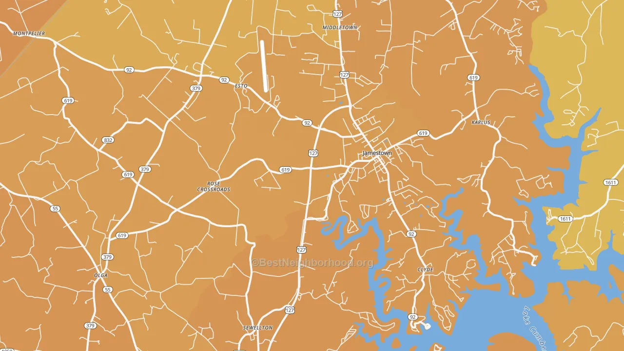 Map of the best neighborhoods in the Jamestown area, with better matches in green and worse matches in red