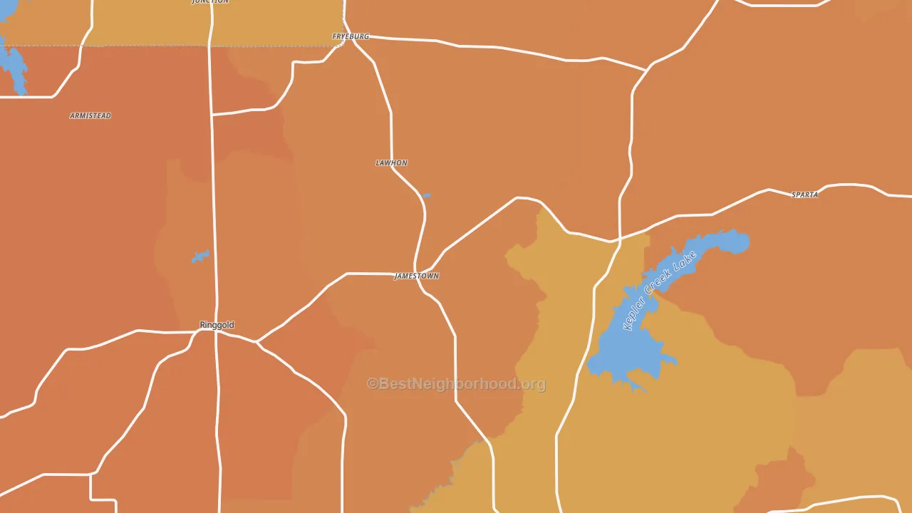 Map of the best neighborhoods in the Jamestown area, with better matches in green and worse matches in red