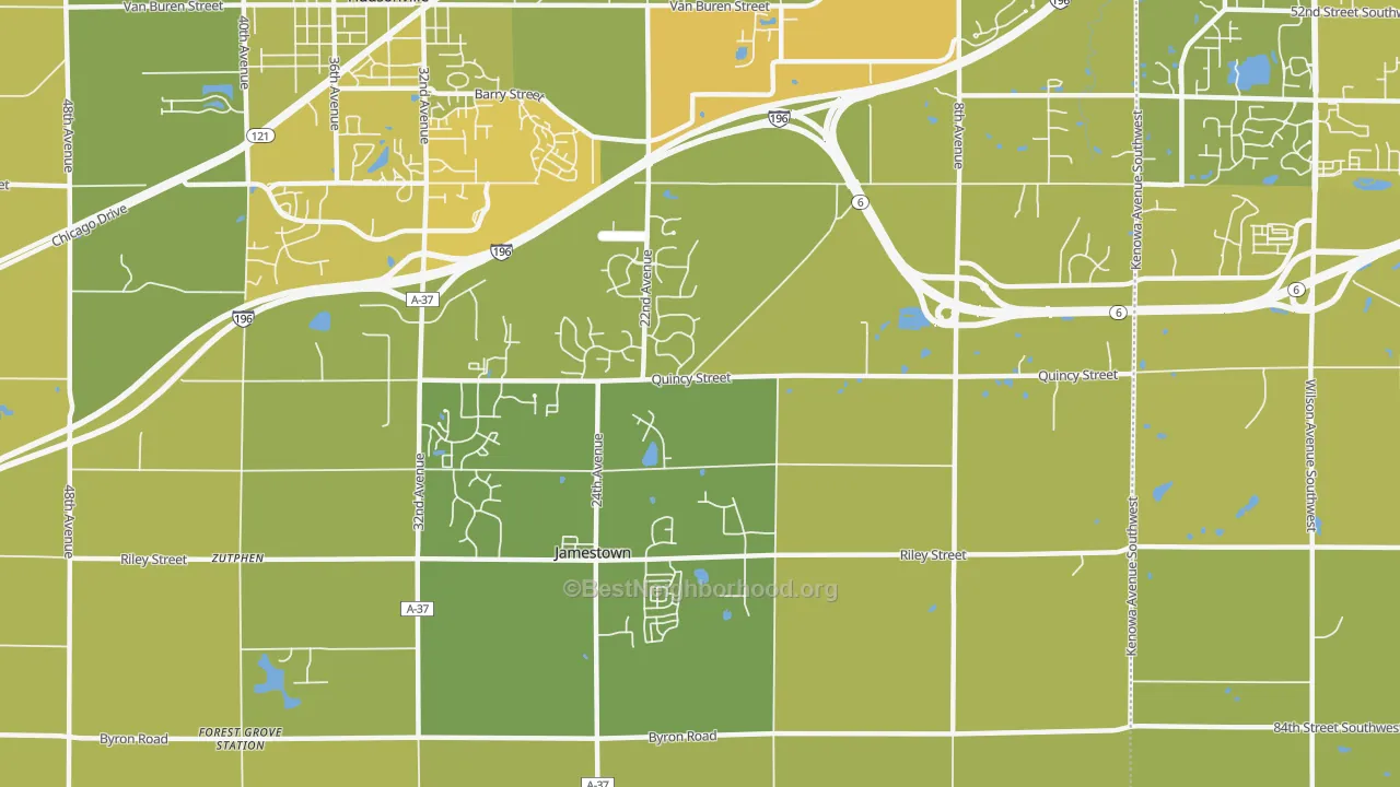 Map of the best neighborhoods in the Jamestown area, with better matches in green and worse matches in red