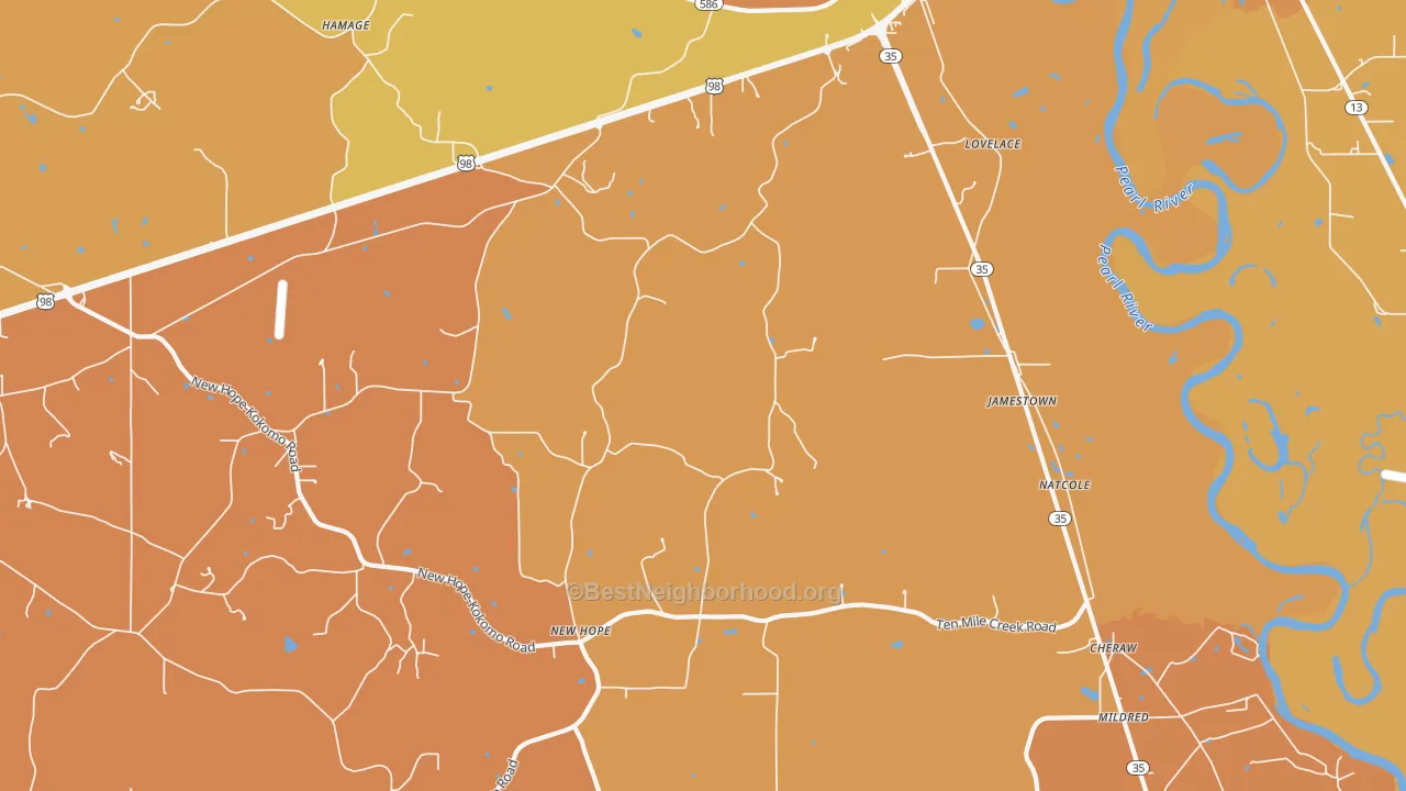 Map of the best neighborhoods in the Jamestown area, with better matches in green and worse matches in red