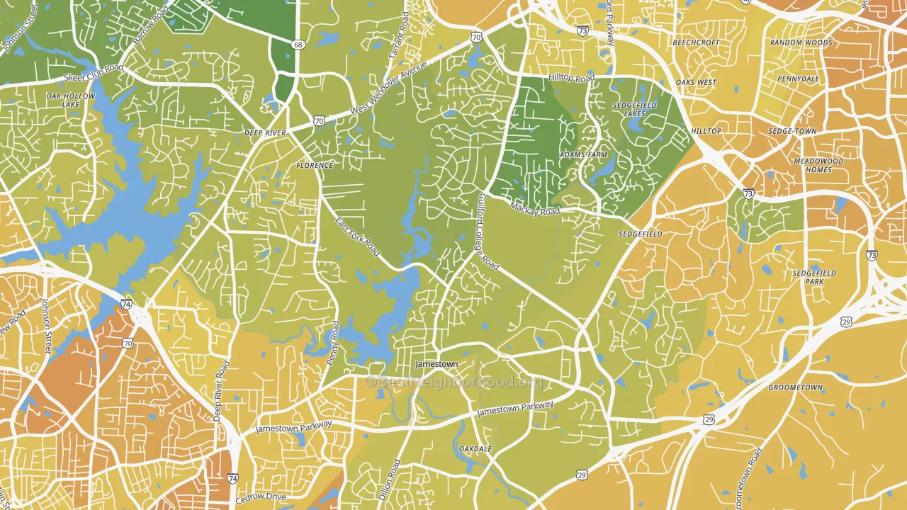 Map of the best neighborhoods in the Jamestown area, with better matches in green and worse matches in red