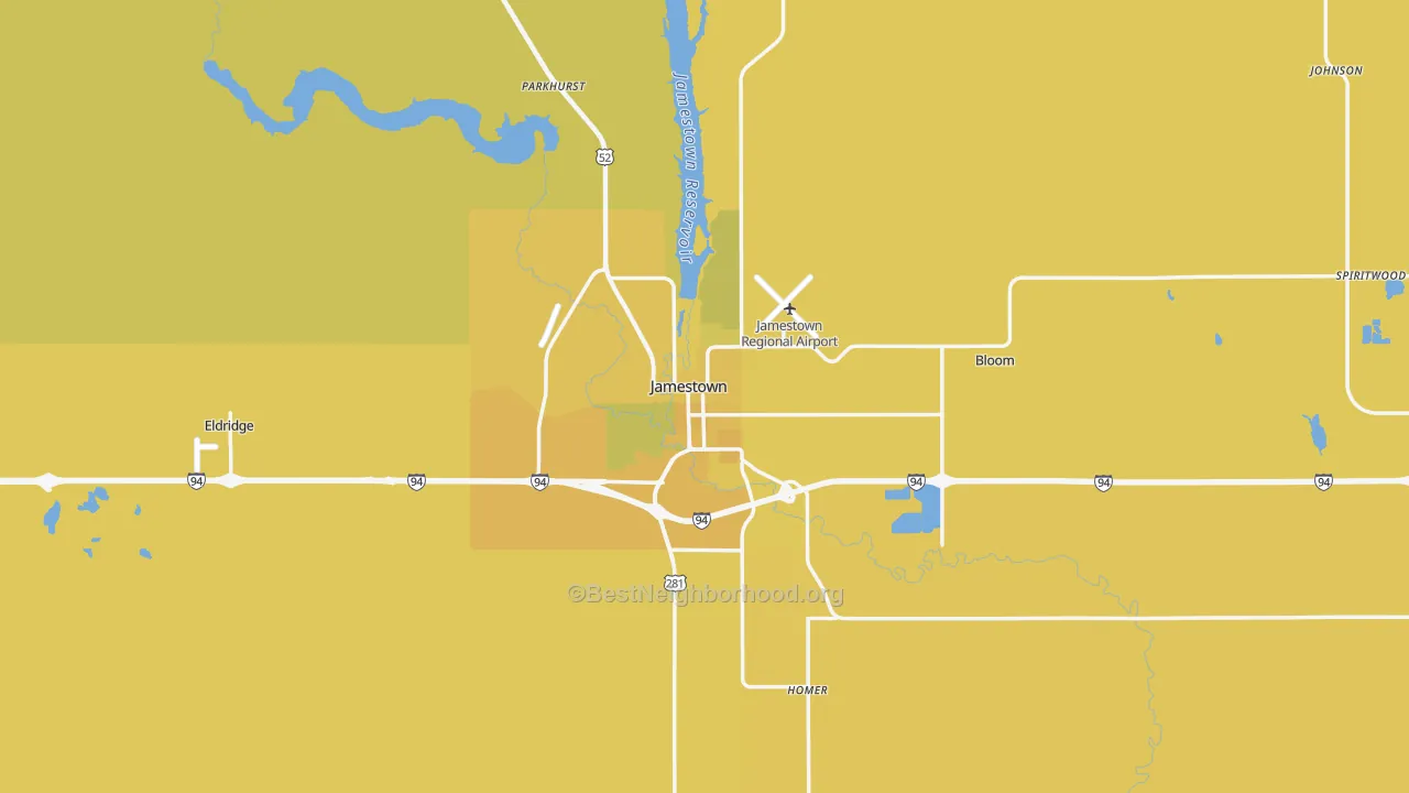 Map of the best neighborhoods in the Jamestown area, with better matches in green and worse matches in red