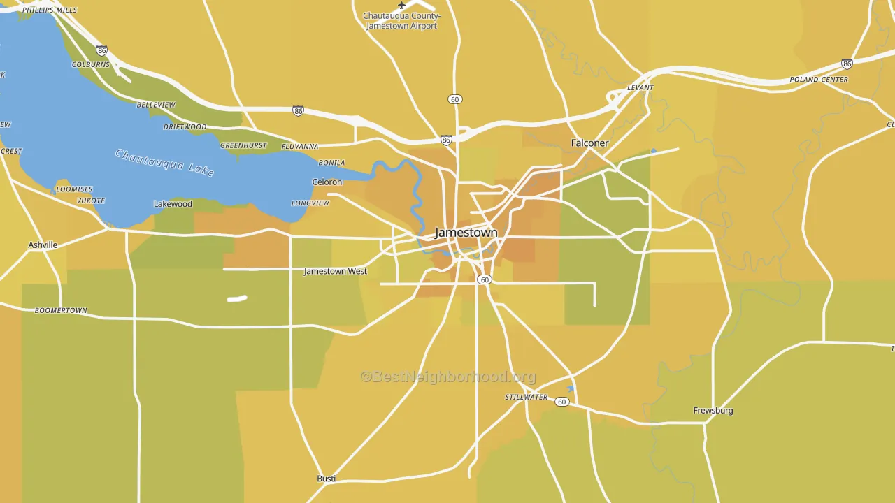 Map of the best neighborhoods in the Jamestown area, with better matches in green and worse matches in red