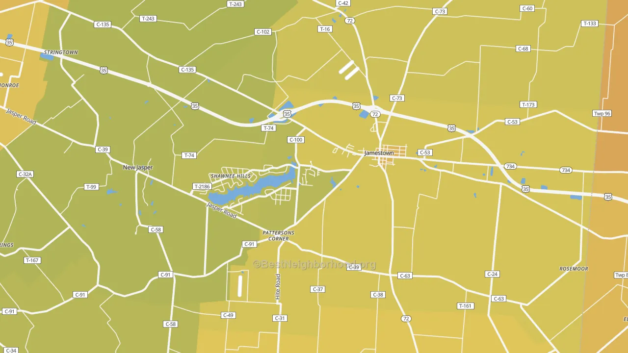 Map of the best neighborhoods in the Jamestown area, with better matches in green and worse matches in red
