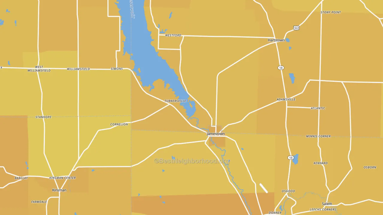 Map of the best neighborhoods in the Jamestown area, with better matches in green and worse matches in red